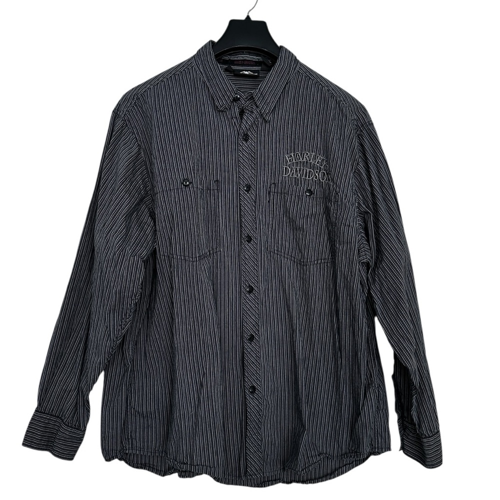 Harley-Davidson Men's Black & White Striped Shirt Long Sleeve Dress Shirt XL